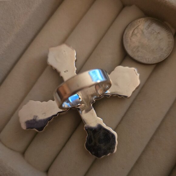 Large cross ring- adjustable with Lapis and turquoise - Picture 4 of 4